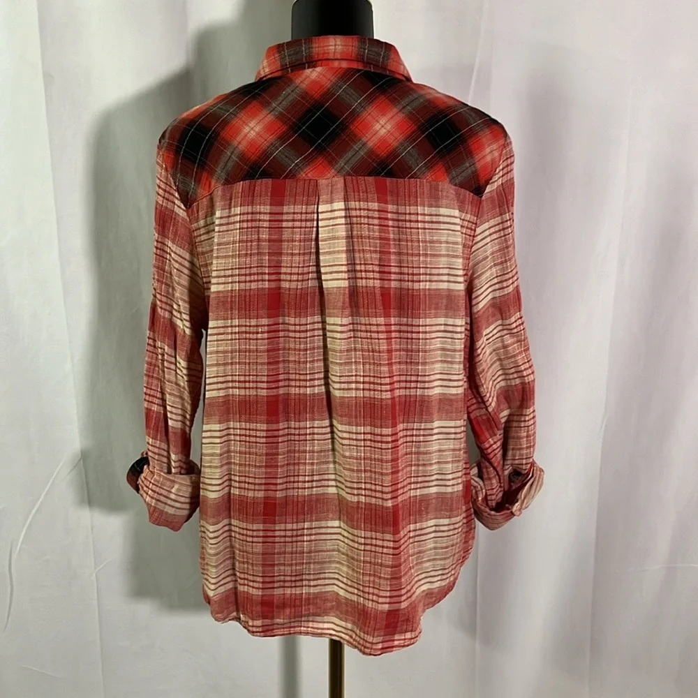 C&C California Chrysanthemum Red Mixed Plaid High Low Button Down Shirt - Picture 4 of 16
